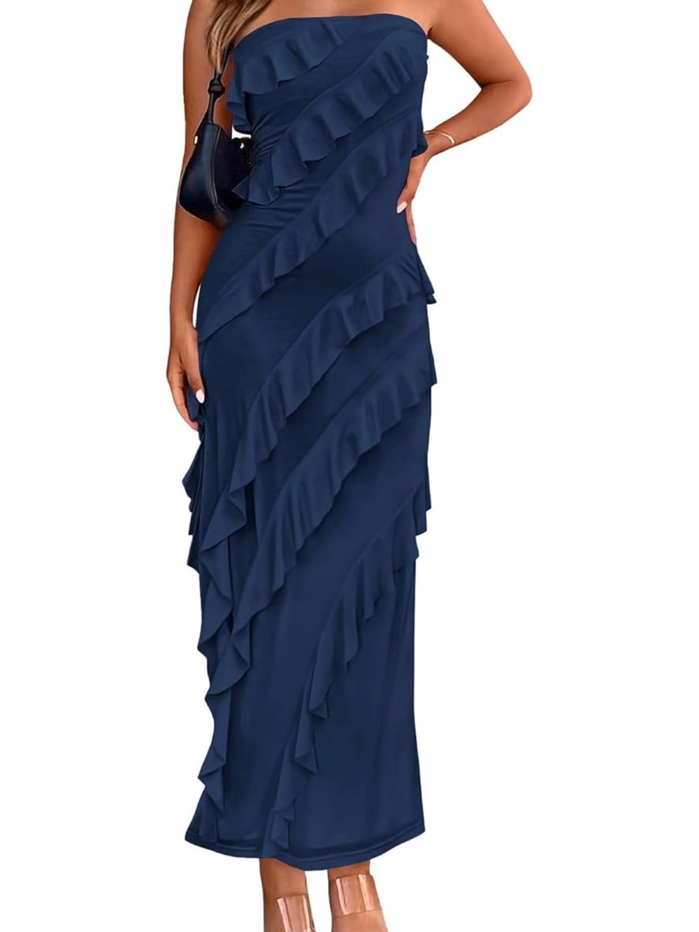 Strapless Navy Ruffle Cascade Maxi Dress